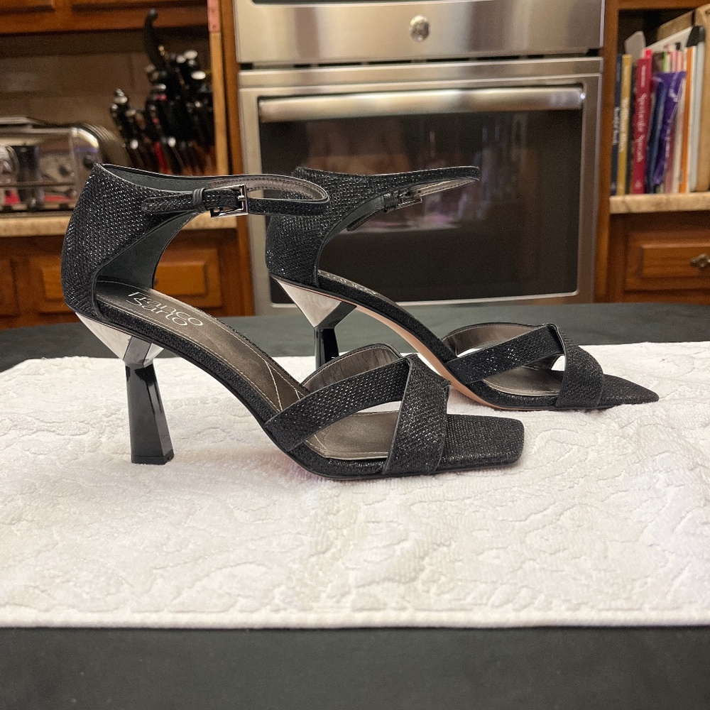 Brand New Franco Sarto Black Fabric, Metallic Black, Heeled Sandals.